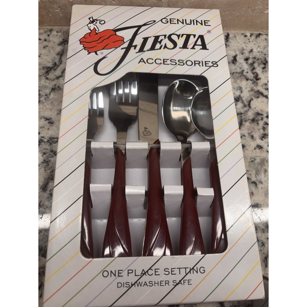 Vtg. Fiesta Fiestaware CINNABAR Maroon Swirl Stainless Flatware 5 Pc Setting NEW